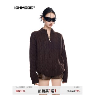 ICH MODE 美式老钱风半拉炼套头毛衣女秋冬季polo衫毛针织衫上衣