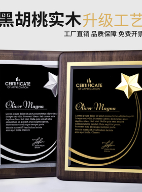 实木奖牌定制定做创意五角星高档水晶授权牌匾荣誉证书聘书纪念品
