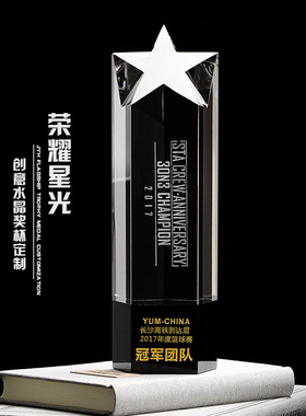 荣耀星光水晶奖杯定制制作创意五角星柱体授权季度企业颁奖活动