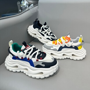 春季新款简约轻奢爆款镂空老爹鞋百搭透气增高厚底休闲鞋男鞋