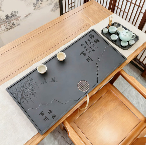 乌金石茶盘客厅家用排水式茶台新中式茶托盘可内嵌茶桌功夫茶具