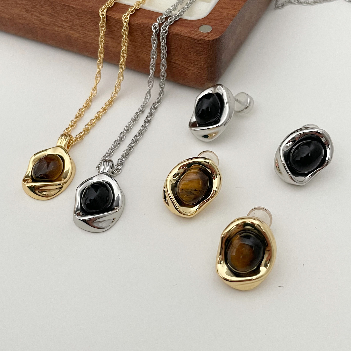 秋冬美拉德风虎眼石黑玛瑙耳钉项链套装小众高级感独特耳饰毛衣链,饰品/流行首饰/时尚饰品新,组合套装,淘宝优惠券,粉丝福利购,淘宝优惠卷