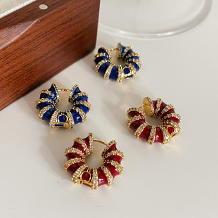 复古轻奢风黄铜镀金珐琅釉蓝色安克拉红耳圈女撞色设计感耳饰耳环