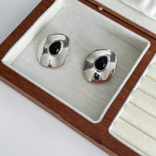 椭圆黑玛瑙冷淡夸张耳饰女 欧美风简约几何不规则耳环vintage个性