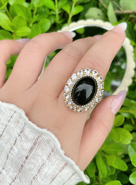 欧美风复古宫廷风黑色椭圆戒指