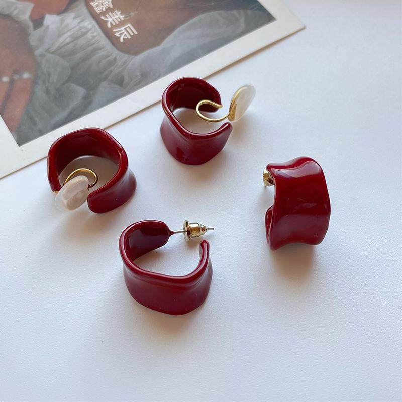 2025新年圣诞款秋冬复古酒红圆圈耳环珐琅釉不规则高级耳饰耳夹女,饰品/流行首饰/时尚饰品新,耳环,淘宝优惠券,粉丝福利购,淘宝优惠卷