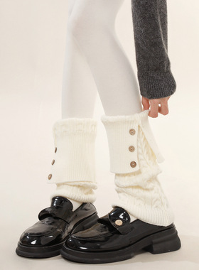 秋冬复古麻花翻领白色纽扣袜套女保暖显瘦堆堆袜百搭