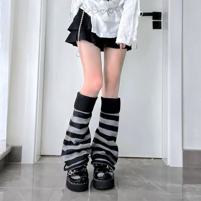 Y2K亚文化时尚腿套辣妹堆堆袜套女JK阔腿袜子黑灰条纹喇叭口袜套