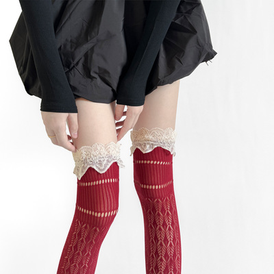 日系蕾丝镂空提花过膝堆堆袜