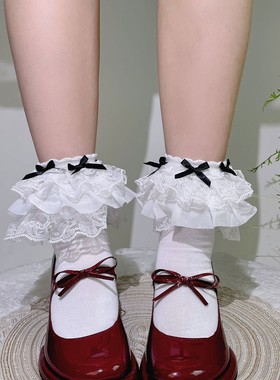 梦幻人偶原创花边中筒袜洛丽塔Lolita袜子女蝴蝶结黑色小腿袜