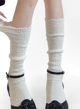 秋冬新品木耳边镂空针织小腿袜白色甜美少女百搭堆堆中筒袜子灰色