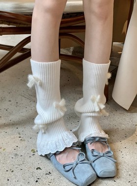 秋冬miu系芭蕾风白色蝴蝶结蕾丝袜套可爱少女洛丽塔jk腿套堆堆袜