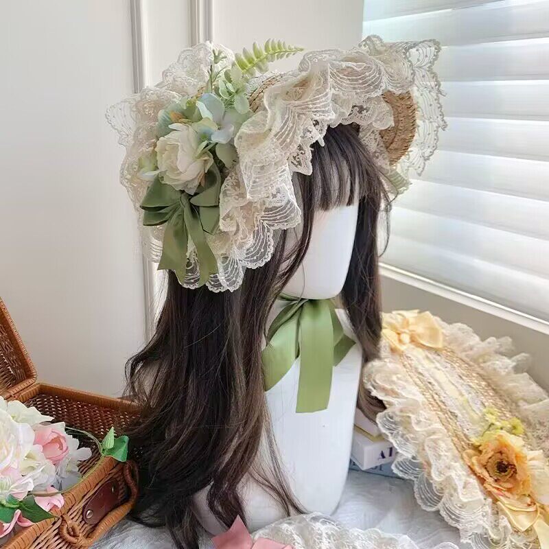 Lolita清新田园绿色蝴蝶结草帽