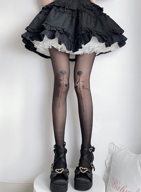 一朵玫瑰丝袜Lolita少女印花连裤袜纯欲黑色光腿防勾丝连裤袜