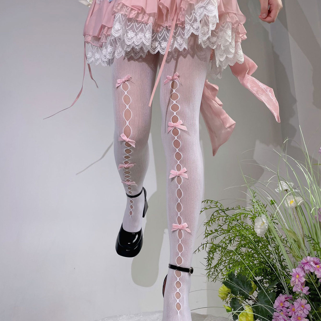 梦幻人偶甜美蝴蝶结丝袜镂空洞洞网眼打底袜甜美lolita连裤袜薄款