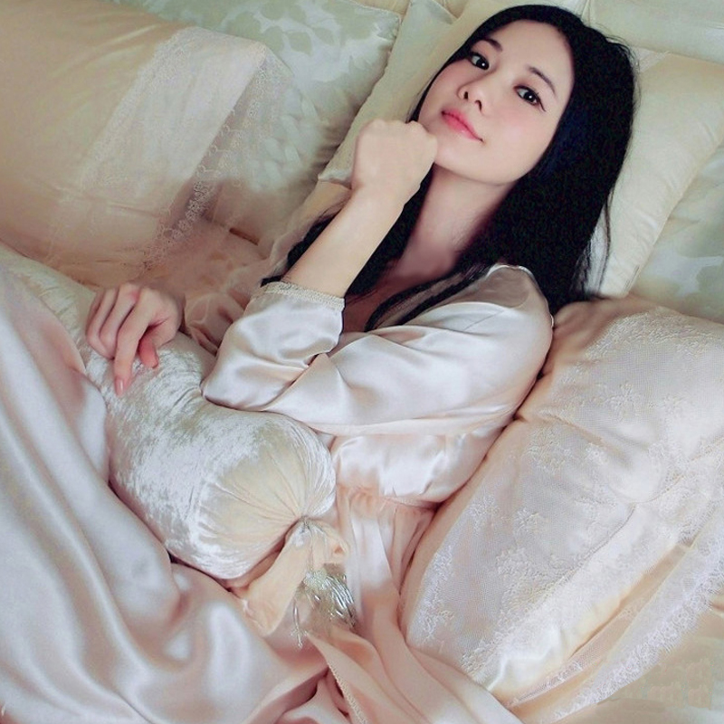 刘美人刘钰懿真丝睡衣女长袖睡袍性感吊带睡裙长款两件套装家居服