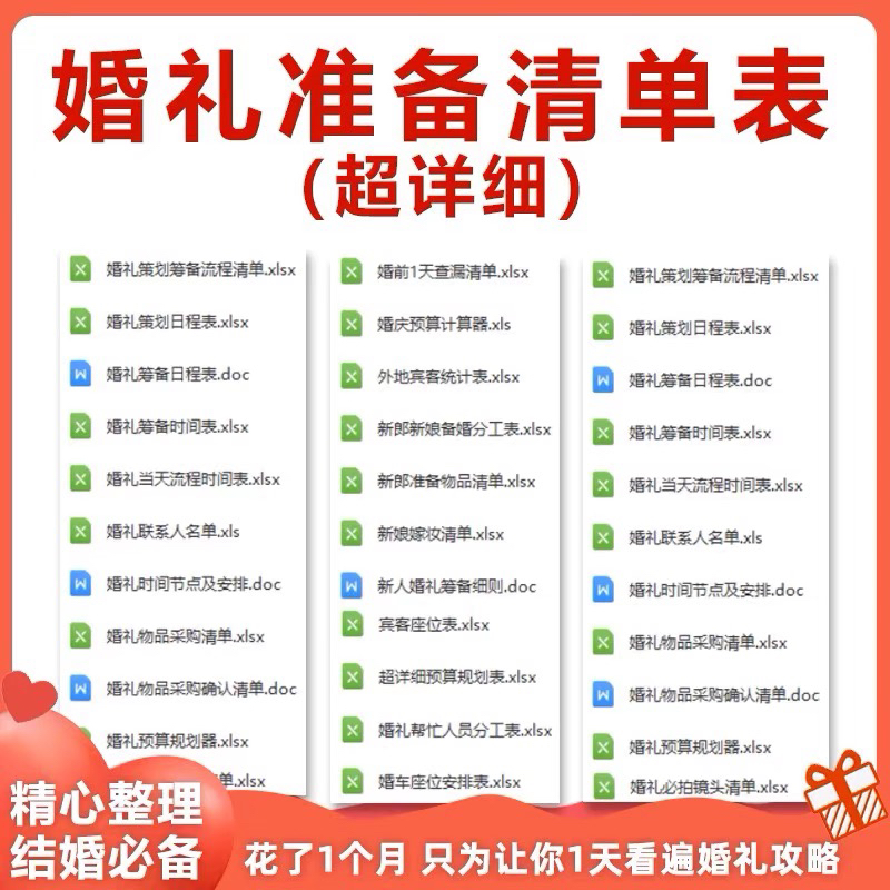 结婚婚前婚礼流程准备筹备准备物品采购清单日程安排表格资料