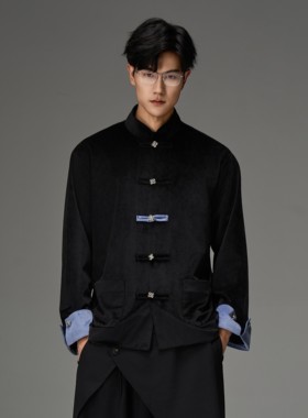 CNEW楚念贰问新中式黑色丝绒盘扣外套中山领休闲宽松西服外套男女