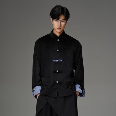 CNEW楚念贰问新中式黑色丝绒盘扣外套中山领休闲宽松西服外套男女