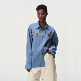 衬衫 CNEW2025AW帝释青 民族古法蓝染棉麻混纺部落文化椰壳扣长袖