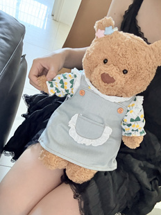 36粉巴塞罗熊牛仔背带裙碎花裙套装 洛丽塔蕾丝边可爱玩偶娃衣着替