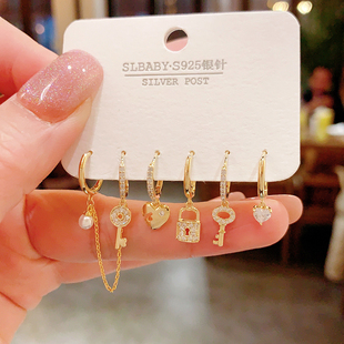 高级设计感钥匙锁组合套装耳环简约百搭气质耳钉女小众多耳洞耳饰