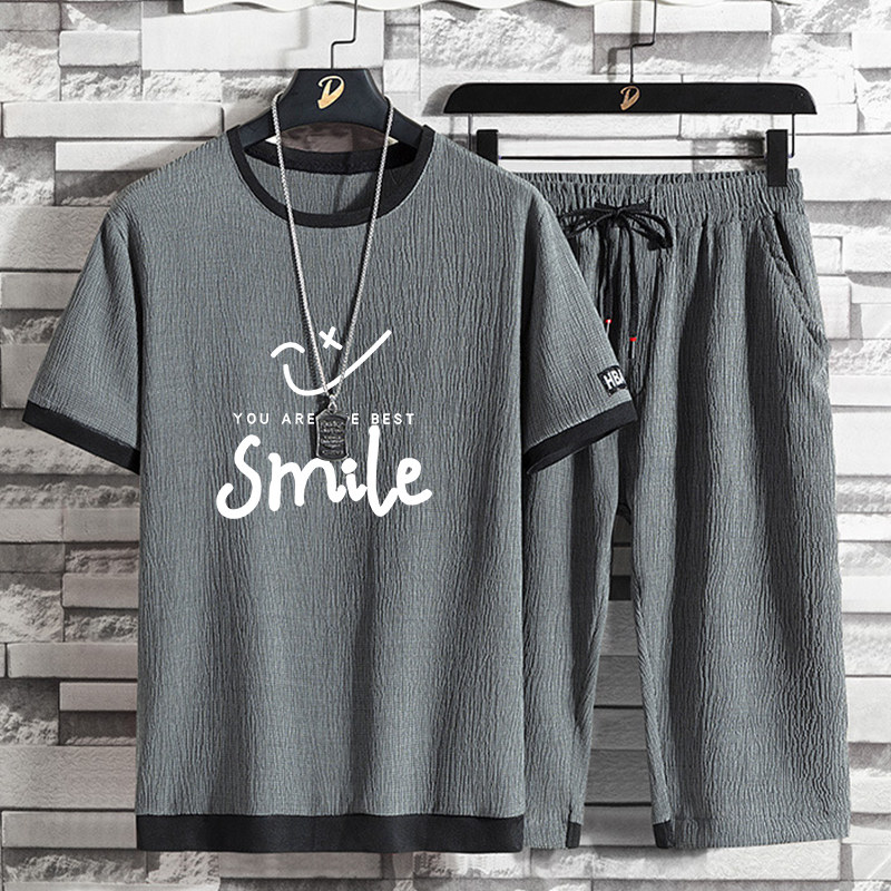 休闲运动套装男士春夏季新款两件套韩版潮流帅气t恤短袖七分短裤