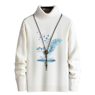 可翻高领毛衣男士潮牌修身针织衫翻领线衫加绒加厚保暖情侣上衣服