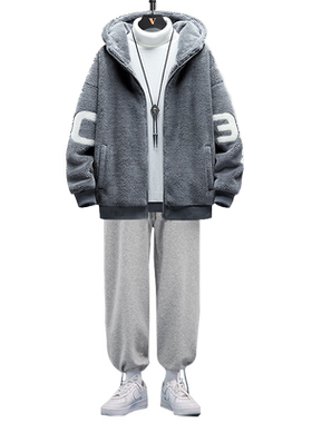 羊羔毛棉衣男装三件套冬季潮加绒加厚棉服外套搭配帅气保暖套装男
