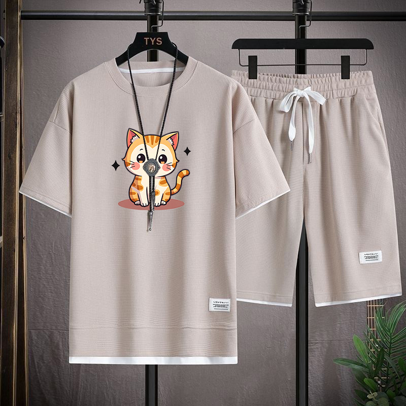 华夫格情侣套装短袖t恤休闲运动短裤男搭配夏季潮流一套衣服大码