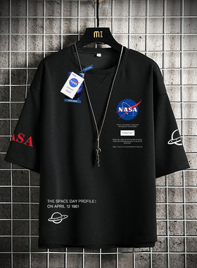 NASA联名旗舰店夏季短袖t恤男士日系BF风上衣宽松七分袖情侣男生