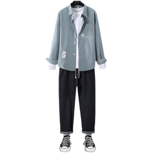 三件套男衬衫男长袖春秋季外套男装一套搭配成熟潮痞帅气衬衣服
