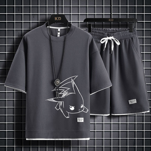 冰丝五分袖套装男士新款潮流时尚