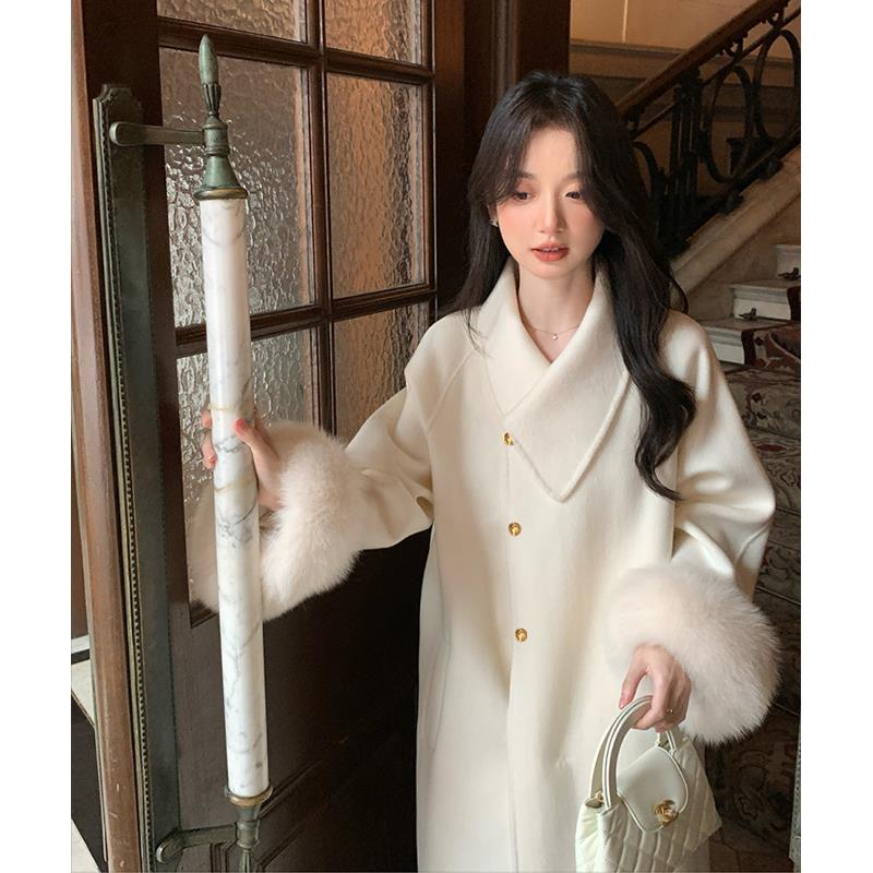 白色狐狸毛双面呢羊绒大衣女2025秋冬新款高级感翻领羊毛呢子外套