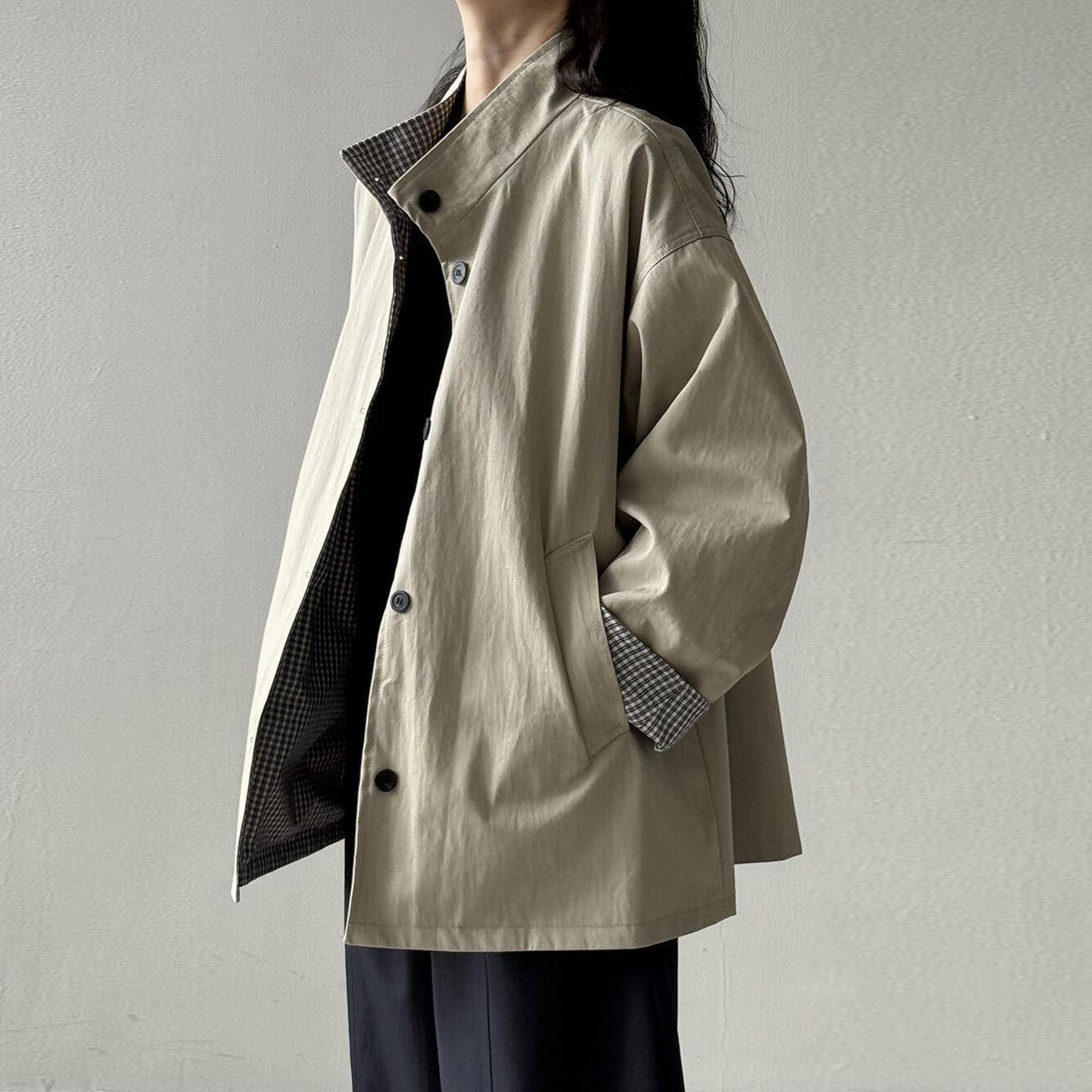 英伦风立领风衣外套女中长款2025秋冬新款宽松休闲格子内衬大衣女
