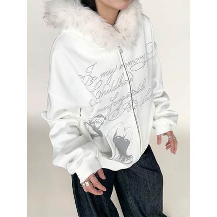 atrandom 秋冬心情日记满印文字毛领加绒卫衣女黑白连帽宽松外套