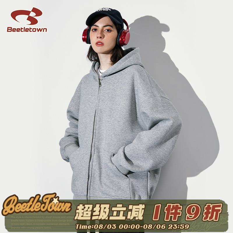 BEETLE TOWN重磅纯色开 衫厚棉T女春秋宽松休闲 慵懒风连帽外套情