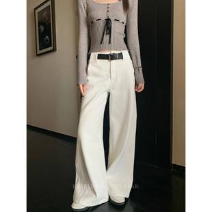 女秋冬白色直筒休闲裤 宽腰袢全棉加绒阔腿裤 row调极简 黑豆哼哼