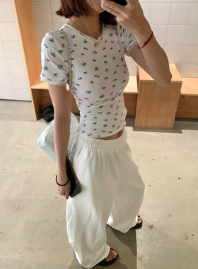 OHIOHI skims蓝色碎花t恤甜辣风修身显瘦百搭短袖上衣