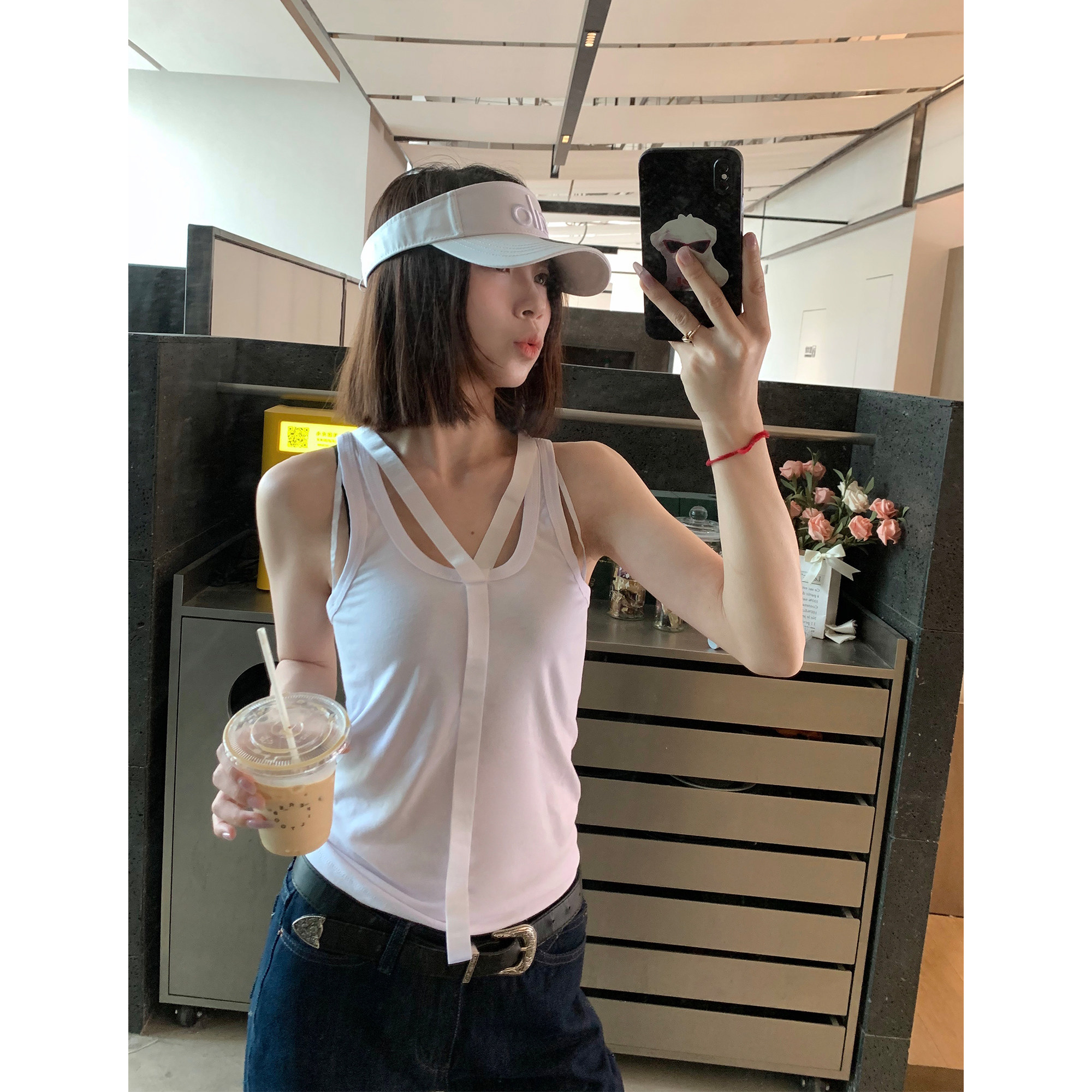 OHIOHI 夏季简约Y字设计黑白两色修身显瘦吊带背心女