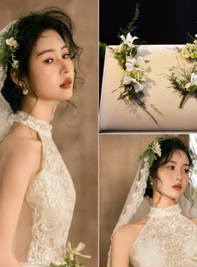 超仙美新娘文竹绿草花朵头饰森系