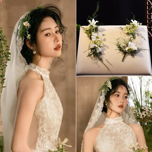 超仙美新娘文竹绿草花朵头饰森系