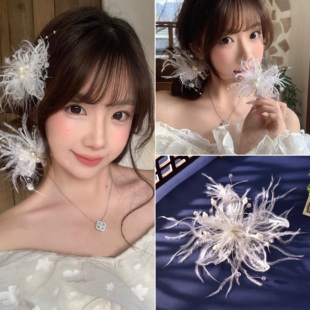 灵动飘逸超仙蕾丝羽毛发夹精致少女唯美心冬季侧边夹百搭温暖头饰