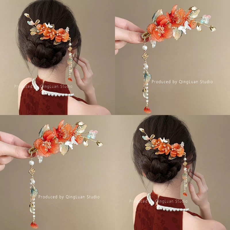 红色琉璃花流苏侧边夹日常发饰