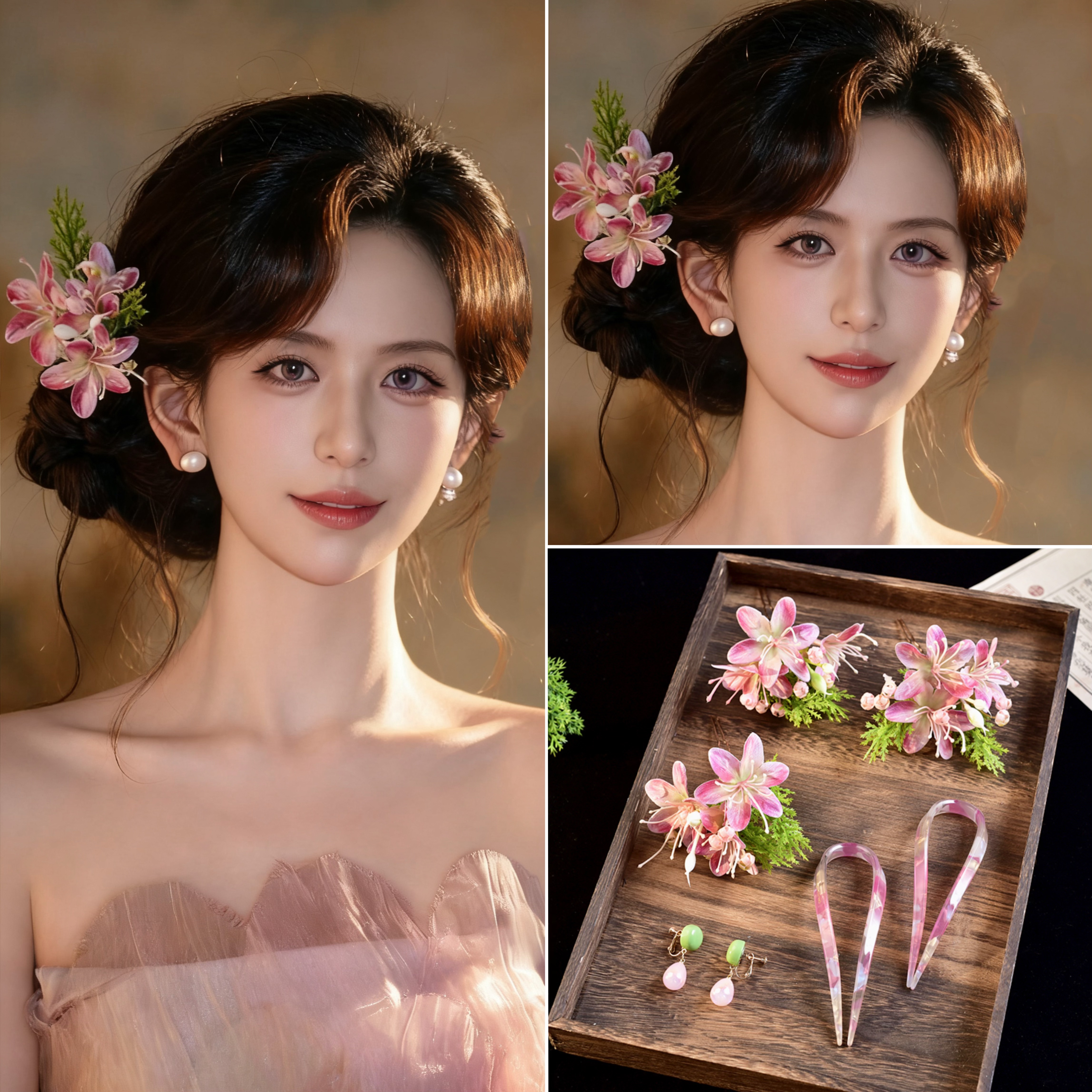 新中式新娘晨袍结婚粉色花朵头饰