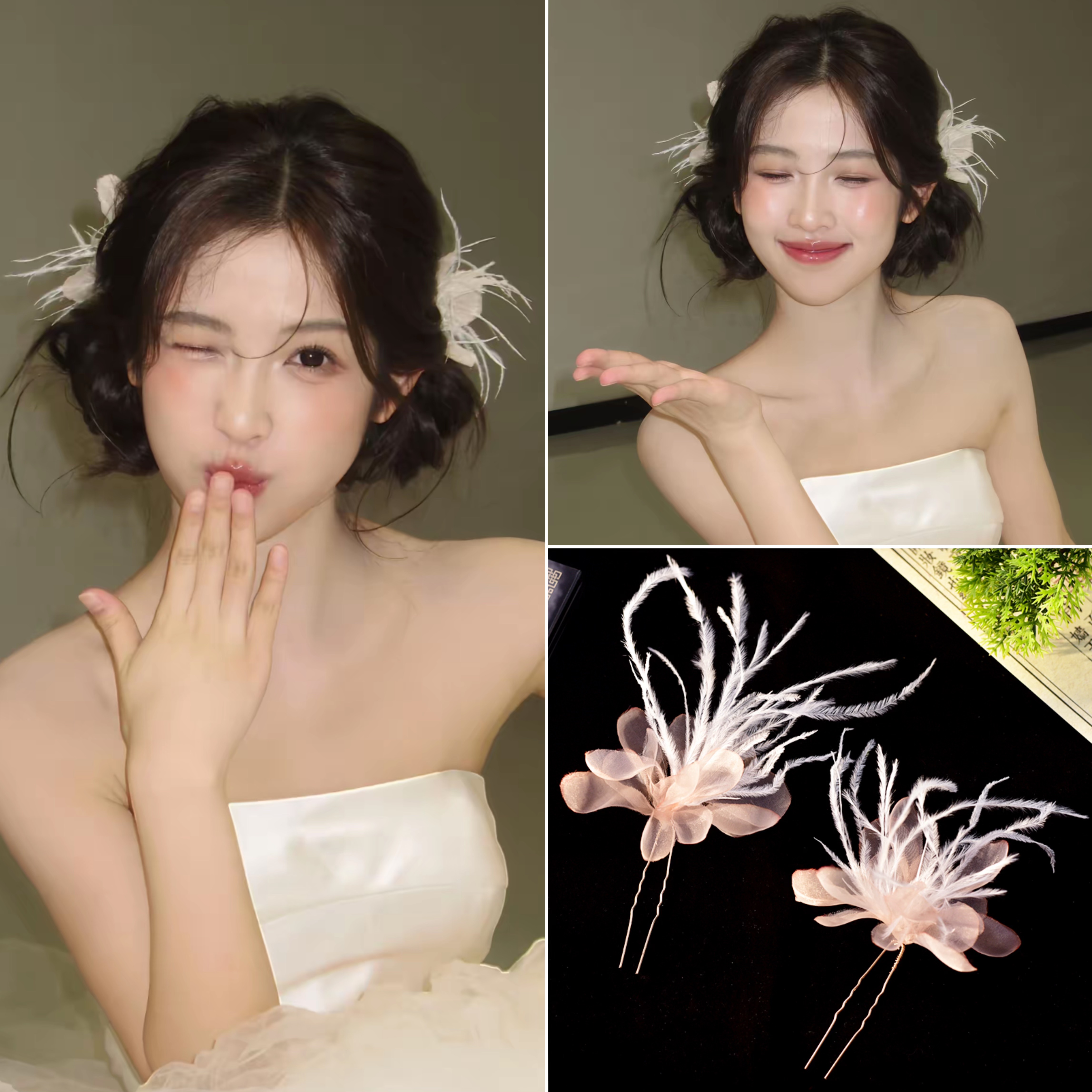 羽毛珍珠甜美森系头饰发叉超仙