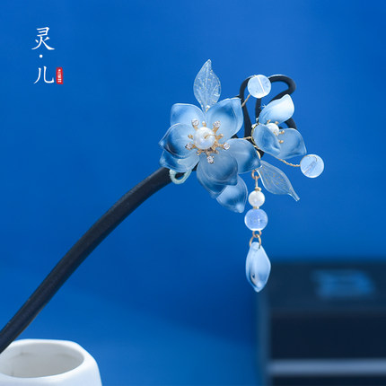 民族风琉璃蓝色荷花手工古风盘发镀金发簪黑檀木簪子流苏头饰旗袍