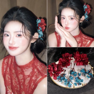 新中式新娘结婚婚纱头饰红蓝配饰