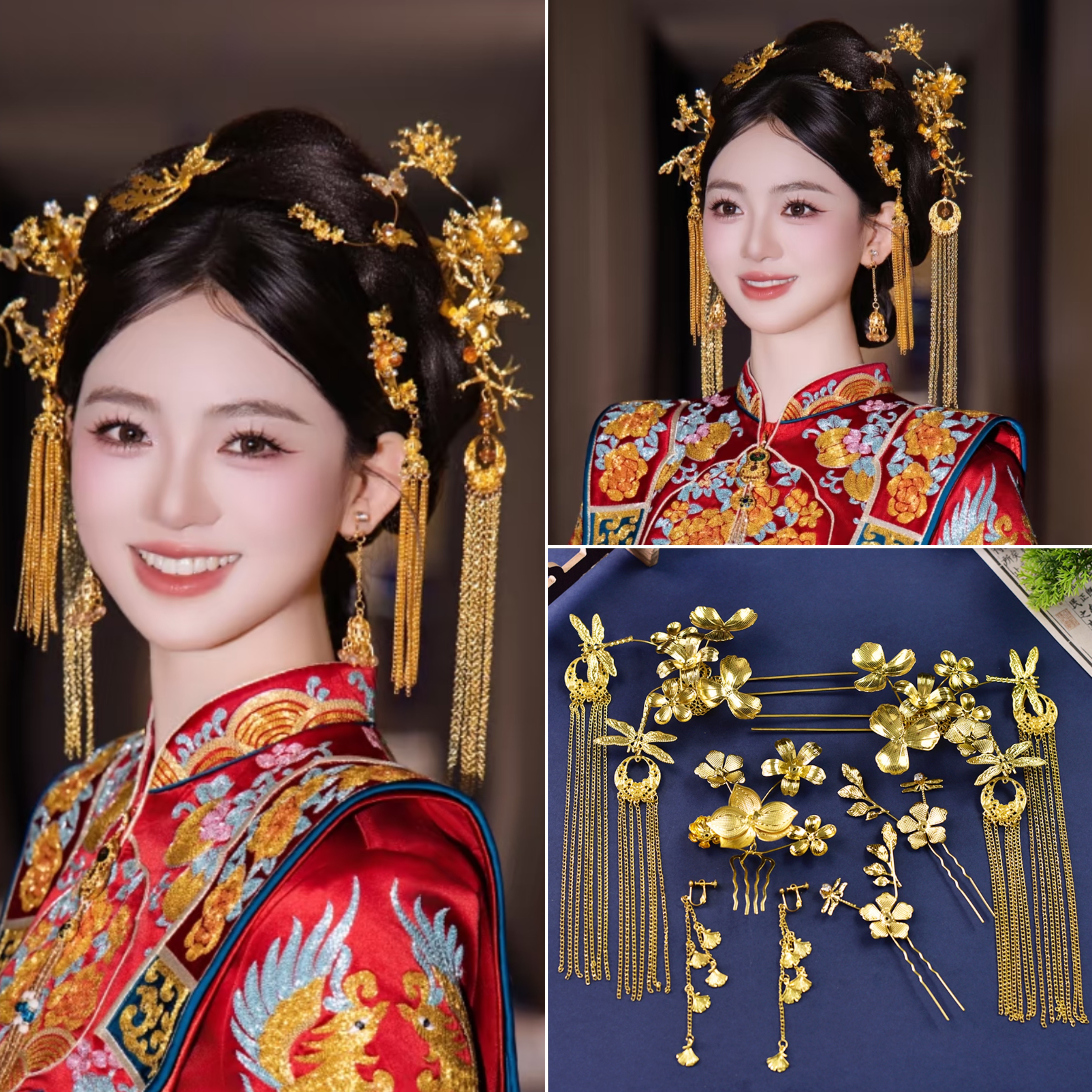 新娘发饰金色花朵古风发簪高级感