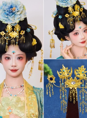 簪花仕女图流苏发簪镀金发冠唐风